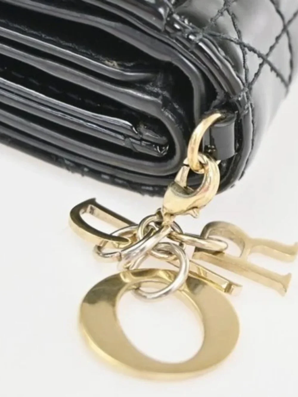 CHRISTIAN DIOR Logo Cannage Trifold Compact Wallet Patent Leather Black 34KC613